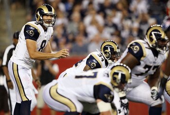 FOXBORO, MA - AUGUST 26:  Sam Bradford #8  of the St. Louis Rams calls out the play in the first half against the New England Patriots on August 26, 2010 at Gillette Stadium in Foxboro, Massachusetts.  (Photo by Elsa/Getty Images)