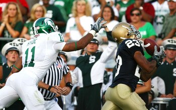 Marcus Hyde gets hung out to dry by Notre Dame's Golden Tate in 2009. Hyde will surely be set to leave MSU in style. He is a senior this year.