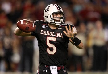 COLUMBIA, SC - NOVEMBER 14:  Stephen Garcia #5 of the South Carolina Gamecocks drops back to pass the ball against the Florida Gators during their game at Williams-Brice Stadium on November 14, 2009 in Columbia, South Carolina.  (Photo by Streeter Lecka/G
