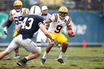 ORLANDO, FL - JANUARY 1: Jordan Jefferson #9 of the LSU Tigers runs with the football during the first half of the 2010 Capital One Bowl against the Penn State Nittany Lions at the Florida Citrus Bowl Stadium on January 1, 2010 in Orlando, Florida. (Photo
