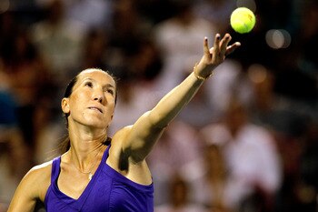 MONTREAL, QC - AUGUST 17:  Jelena Jankovic of Serbia serves to Iveta Benesova of the Czech Republic during the Rogers Cup at Stade Uniprix on August 17, 2010 in Montreal, Canada.  (Photo by Matthew Stockman/Getty Images)