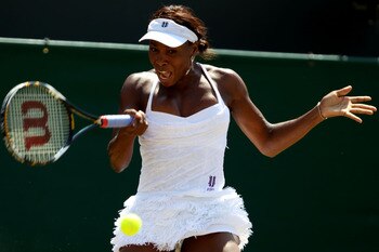 LONDON, ENGLAND - JUNE 28:  Venus Williams of USA plays a shot during her match against Jarmila Groth of Australia on Day Seven of the Wimbledon Lawn Tennis Championships at the All England Lawn Tennis and Croquet Club on June 28, 2010 in London, England.