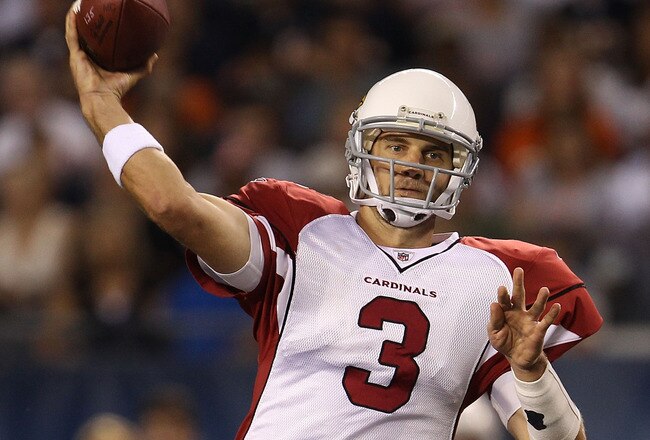CHICAGO - AUGUST 28: Derek Anderson #3 of the Arizona Cardinals passes the ball against the Chicago Bears during a preseason game at Soldier Field on August 28, 2010 in Chicago, Illinois. (Photo by Jonathan Daniel/Getty Images)