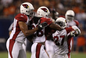 CHICAGO - AUGUST 28: Paris Lenon #51 (L) and Michael Adams #27 of the Arizona Cardinals celebrate a interception by teammate Greg Toler #28 against the Chicago Bears during a preseason game at Soldier Field on August 28, 2010 in Chicago, Illinois. (Photo 