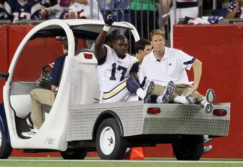 FOXBORO, MA - AUGUST 26:  Donnie Avery #17 of the St. Louis Rams is carted off the field in the second quarter against the New England Patriots on August 26, 2010 at Gillette Stadium in Foxboro, Massachusetts.  (Photo by Elsa/Getty Images)