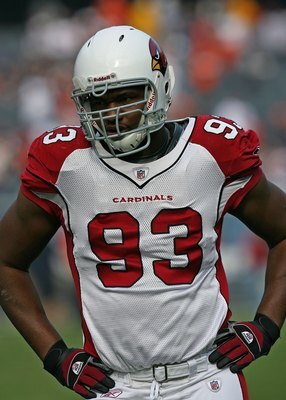 CHICAGO - NOVEMBER 08: Calais Campbell #93 of the Arizona Cardinals participates in warm-ups before a game against the Chicago Bears at Soldier Field on November 8, 2009 in Chicago, Illinois.The Cardinals defeated the Bears 41-21. (Photo by Jonathan Danie