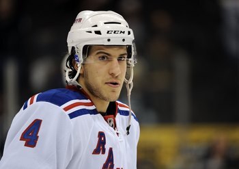 LOS ANGELES, CA - FEBRUARY 02:  Michael Del Zotto #4 of the New York Rangers warms up before the game against the Los Angeles Kings at the Staples Center on February 2, 2010 in Los Angeles, California.  (Photo by Harry How/Getty Images)