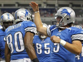 DETROIT - AUGUST 28:  Bryant Johnson #80 of the Detroit Lions celebrates a first quarter touchdown with Matthew Stafford #9 of the Cleveland Browns during a preseason game on August 28, 2010 at Ford Field in Detroit, Michigan.  (Photo by Gregory Shamus/Ge