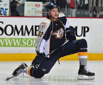 NASHVILLE, TN - APRIL 26:  Cody Franson #32 of the Nashville Predators skates against the Chicago Blackhawks in Game Six of the Western Conference Quarterfinals during the 2010 NHL Stanley Cup Playoffs at Bridgestone Arena on April 26, 2010 in Nashville,