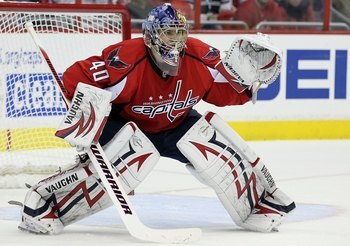 WASHINGTON DC, DC - APRIL 23:  Semyon Varlamov #40 of the Washington Capitals defends against the Montreal Canadiens in Game Five of the Eastern Conference Quarterfinals during the 2010 NHL Stanley Cup Playoffs at the Verizon Center on April 23, 2010 in W