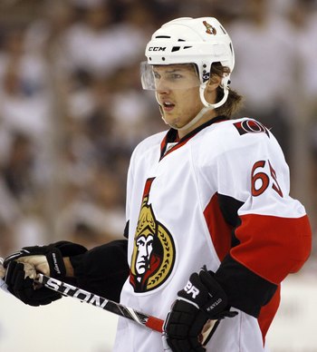 PITTSBURGH - APRIL 16:  Erik Karlsson #65 of the Ottawa Senators skates against the Pittsburgh Penguins in Game Two of the Eastern Conference Quarterfinals during the 2010 NHL Stanley Cup Playoffs at Mellon Arena on April 16, 2010 in Pittsburgh, Pennsylva