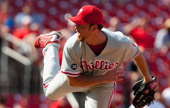 ST. LOUIS - JULY 22: Relief pitcher Brad Lidge #54 of the Philadelphia Phillies throws against the St. Louis Cardinals at Busch Stadium on July 22, 2010 in St. Louis, Missouri. The Phillies defeated the Cardinals 2-0.  (Photo by Dilip Vishwanat/Getty Imag