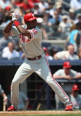 NEW YORK - MAY 24:  John Mayberry, Jr. #40 of the Philadelphia Phillies at bat against the New York Yankees on May 24, 2009 at Yankee Stadium in the Bronx borough of New York City.  (Photo by Nick Laham/Getty Images)
