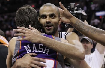 SAN ANTONIO - MAY 09:  Guard Steve Nash #13 of the Phoenix Suns talks with Tony Parker #9 of the San Antonio Spurs in Game Four of the Western Conference Semifinals during the 2010 NBA Playoffs at AT&T Center on May 9, 2010 in San Antonio, Texas.  The Sun