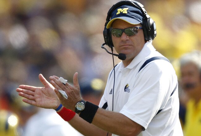 ANN ARBOR, MI - SEPTEMBER 05: Head coach Rich Rodriguez claps after a second quarter field goal against the Western Michigan Broncos vs. Michigan Wolverines on September 5, 2009 at Michigan Stadium in Ann Arbor, Michigan.  (Photo by Gregory Shamus/Getty I