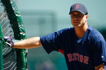 ANAHEIM, CA - APRIL 12:  Rocco Baldelli #5 of the Boston Red Sox takes batting practice prior to the start of the game against the Los Angeles Angels of Anaheim at Angel Stadium on April 12, 2009 in Anaheim, California. The Angels defeated the Red Sox 5-4