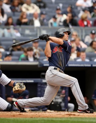 NEW YORK - APRIL 19:  Grady Sizemore #24 of the Cleveland Indians bats against the New York Yankees at Yankee Stadium on April 19, 2009 in the Bronx borough of New York City.  (Photo by Ezra Shaw/Getty Images)