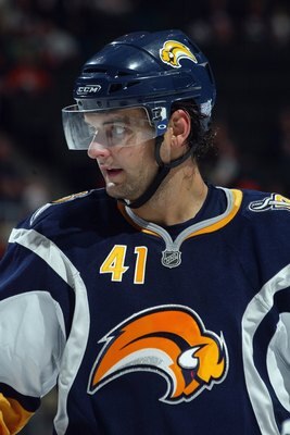 UNIONDALE, NY - OCTOBER 13:  Clarke MacArthur #41 of the Buffalo Sabres looks on during the game against the New York Islanders on October 13, 2008 at Nassau Coliseum in Uniondale, New York.  (Photo by Bruce Bennett/Getty Images)