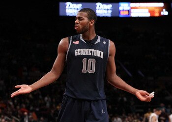 NEW YORK - MARCH 13: Greg Monroe #10 of the Georgetown Hoyas reacts after a play against the West Virginia Mountaineers during the championship of the 2010 NCAA Big East Tournament at Madison Square Garden on March 13, 2010 in New York City.  (Photo by Ji