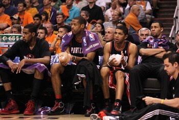 PHOENIX - APRIL 26:  (L-R) LaMarcus Aldridge #12, Marcus Camby #21, Nicolas Batum #88 and Brandon Roy #7 of the Portland Trail Blazers react on the bench during Game Five of the Western Conference Quarterfinals of the 2010 NBA Playoffs against the Phoenix