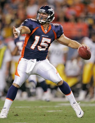 DENVER - AUGUST 29: Quarterback Tim Tebow #15 of the Denver Broncos makes a pass against the Pittsburgh Steelers at INVESCO Field at Mile High on August 29, 2010 in Denver, Colorado.  (Photo by Justin Edmonds/Getty Images)