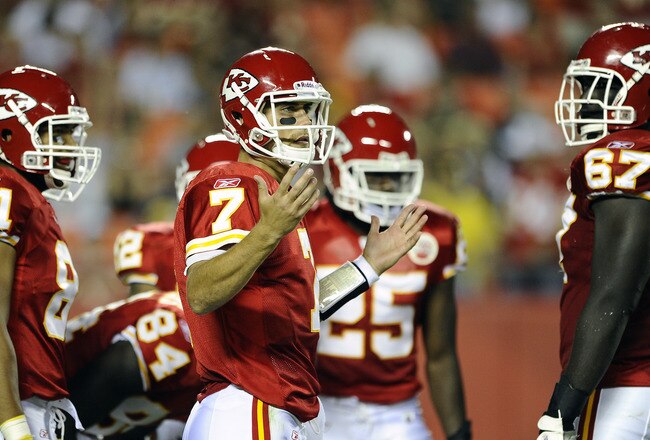 KANSAS CITY, MO - AUGUST 27: Matt Cassel #7 of the Kansas City Chiefs looks to the sidelines during a preseason game against the Philadelphia Eagles at Arrowhead Stadium on August 27, 2010 in Kansas City, Missouri.  (Photo by G. Newman Lowrance/Getty Imag