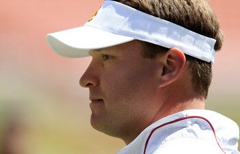 LOS ANGELES, CA - MAY 01:  Head coach Lane Kiffin looks on during the  USC Trojans spring game on  May 1, 2010 at the Los Angeles Memorial Coliseum in Los Angeles, California.  (Photo by Stephen Dunn/Getty Images)