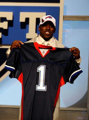 NEW YORK - APRIL 22:  C.J. Spiller from the Clemson Tigers holds up a Buffalo Bills jersey after he was selected #9 overall by the Bills during the first round of the 2010 NFL Draft at Radio City Music Hall on April 22, 2010 in New York City.  (Photo by J