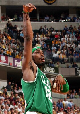 INDIANAPOLIS - MAY 5:  Ricky Davis #12 of the Boston Celtics watches after he shot a three point basket in the first half against the Indiana Pacers in Game six of the Eastern Conference Quarterfinals during the 2005 NBA Playoffs on May 5, 2005 at Conseco