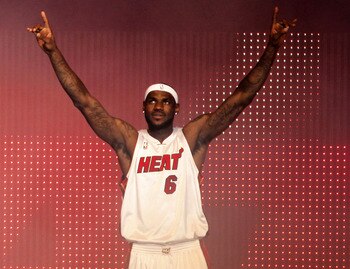 MIAMI - JULY 09:  LeBron James #6 of the Miami Heat is introduced during a welcome party at American Airlines Arena on July 9, 2010 in Miami, Florida.  (Photo by Marc Serota/Getty Images)