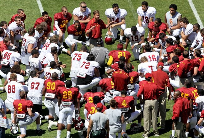 LOS ANGELES, CA - MAY 01:  Head coach Lane Kiffin addresses the team following the  USC Trojans spring game on  May 1, 2010 at the Los Angeles Memorial Coliseum in Los Angeles, California.  (Photo by Stephen Dunn/Getty Images)