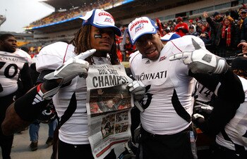 PITTSBURGH - DECEMBER 05: Members of the Cincinnati Bearcats celebrate following their win against the University of Pittsburgh Panthers on December 5, 2009 at Heinz Field in Pittsburgh, Pennsylvania.  (Photo by Jared Wickerham/Getty Images)