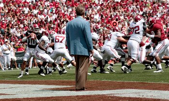TUSCALOOSA, AL - APRIL 17: Coach Nick Saban of the Alabama Crimson Tide watches his team during the Alabama spring game at Bryant Denny Stadium on April 17, 2010 in Tuscaloosa, Alabama. (Photo by Dave Martin/Getty Images)