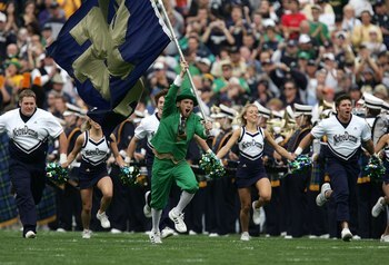 SOUTH BEND, IN - SEPTEMBER 30:  The Leprechaun, masscot for the Notre Dame Fighting Irish charges onto the field with the ND cheerleaders against the Purdue Boilermakers September 30, 2006 at Notre Dame Stadium in South Bend, Indiana. Notre Dame won 35-21