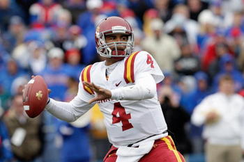 LAWRENCE, KS - OCTOBER 10:  Austen Arnaud #4 of the Iowa State Cyclones passes during the game against the Kansas Jayhawks on October 10, 2009 at Memorial Stadium in Lawrence, Kansas. (Photo by Jamie Squire/Getty Images)