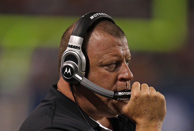 CHICAGO - AUGUST 21: Head coach Tom Cable of the Oakland Raiders watches as his team takes on the Chicago Bears during a preseason game at Soldier Field on August 21, 2010 in Chicago, Illinois. The Raiders defeated the Bears 32-17. (Photo by Jonathan Dani
