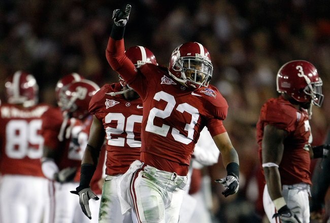 PASADENA, CA - JANUARY 07:  Robby Green #23 of the Alabama Crimson Tide celebrateslate in the fourth quarter of the Citi BCS National Championship game against the Texas Longhorns at the Rose Bowl on January 7, 2010 in Pasadena, California. The Crimson Ti