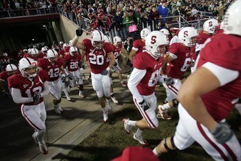 PALO ALTO, CA - NOVEMBER 28:  Clinton Snyder #20 and the rest of the Stanford Cardinal run out of the tunnel for their game against the Notre Dame Fighting Irish at Stanford Stadium on November 28, 2009 in Palo Alto, California.  (Photo by Ezra Shaw/Getty