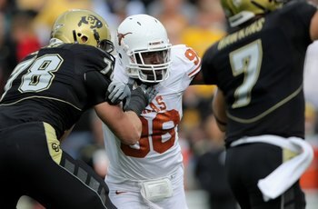 BOULDER, CO - OCTOBER 04:  Brian Orakpo #98 of the Texas Longhorns rushes against Nate Solder #78 the Colorado Buffaloes at Folsom Field on October 4, 2008 in Boulder, Colorado. Texas defeated Colorado 38-14.  (Photo by Doug Pensinger/Getty Images)