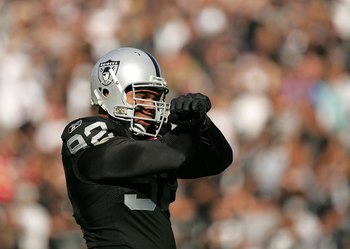 OAKLAND, CA - NOVEMBER 15:  Richard Seymour #92 of the Oakland Raiders celebrates after making a tackle against the Kansas City Chiefs at Oakland-Alameda County Coliseum on November 15, 2009 in Oakland, California.  (Photo by Ezra Shaw/Getty Images)