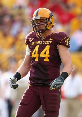 TEMPE, AZ - NOVEMBER 28:  Linebacker Travis Goethel #44 of the Arizona State Sun Devils during the college football game against the Arizona Wildcats at Sun Devil Stadium on November 28, 2009 in Tempe, Arizona.  The Wildcats defeated the Sun Devils 20-17.