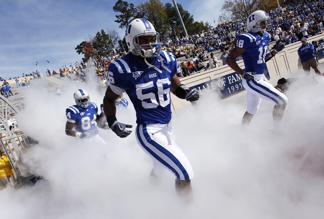 DURHAM, NC - NOVEMBER 14:  The Duke Blue Devils take the field before the game against the Georgia Tech Yellow Jackets at Wallace Wade Stadium on November 14, 2009 in Durham, North Carolina. (Photo by Joe Robbins/Getty Images)