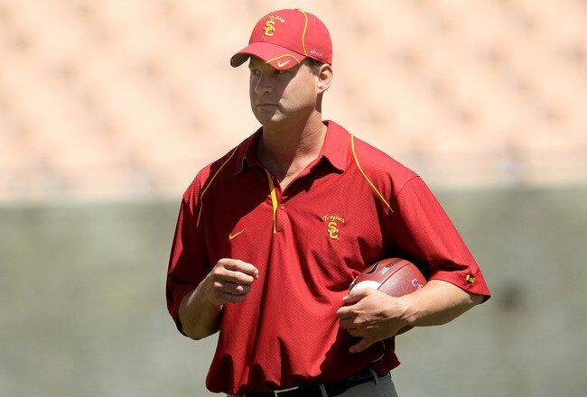 LOS ANGELES, CA - MAY 01:  Head coach Lane Kiffin looks on during the  USC Trojans spring game on  May 1, 2010 at the Los Angeles Memorial Coliseum in Los Angeles, California.  (Photo by Stephen Dunn/Getty Images)
