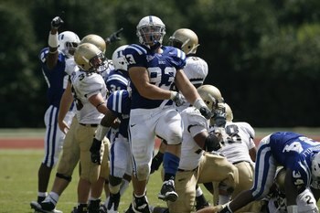 DURHAM, NC - SEPTEMBER 13:  Charlie Hatcher #93 of the Duke Blue Devils celebrates against the Navy Midshipmen during the game at Wallace Wade Stadium on September 13, 2008 in Durham, North Carolina.  (Photo by Kevin C. Cox/Getty Images)
