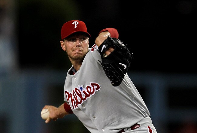 LOS ANGELES, CA - AUGUST 30:  Roy Halladay #34 of the Philadelphia Phillies throws a pitch against the Los Angeles Dodgers on August 30, 2010 at Dodger Stadium  in Los Angeles, California.  (Photo by Stephen Dunn/Getty Images)