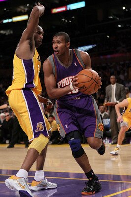 LOS ANGELES, CA - MAY 27:  Leandro Barbosa #10 of the Phoenix Suns drives with the ball on Kobe Bryant #24 of the Los Angeles Lakers in the second quarter of Game Five of the Western Conference Finals during the 2010 NBA Playoffs at Staples Center on May 