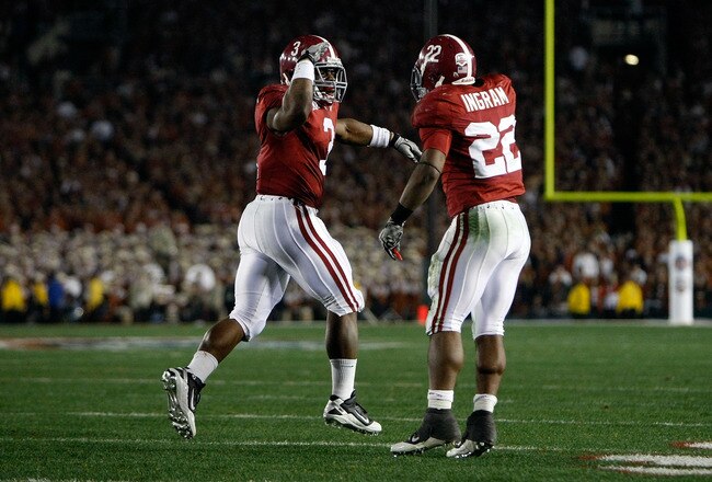 PASADENA, CA - JANUARY 07:  Running back Trent Richardson #3 of the Alabama Crimson Tide celebrates with Mark Ingram #22 after Richardson  runs for a 49-yard touchdown against the Texas Longhorns in the second quarter of the Citi BCS National Championship