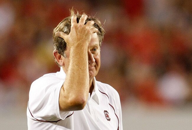 ATHENS, GA - SEPTEMBER 12:  Head coach Steve Spurrier of the South Carolina Gamecocks questions a call during the game against the Georgia Bulldogs at Sanford Stadium on September 12, 2009 in Athens, Georgia.  (Photo by Kevin C. Cox/Getty Images)