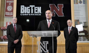 LINCOLN, NE  - JUNE 11:  Big Ten Conference Commissioner James Delany (C), flanked by (L) University of Nebraska Athletic Director Tom Osbourne and Chancellor Harvey Pearlman (R) inform members of the media that the university has accepted an invitation t