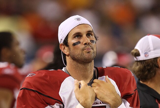 CHICAGO - AUGUST 28: Matt Leinart #7 of the Arizona Cardinals walks in the bench area during a preseason game against the Chicago Bears at Soldier Field on August 28, 2010 in Chicago, Illinois. The Cardinals defeated the Bears 14-9. (Photo by Jonathan Dan